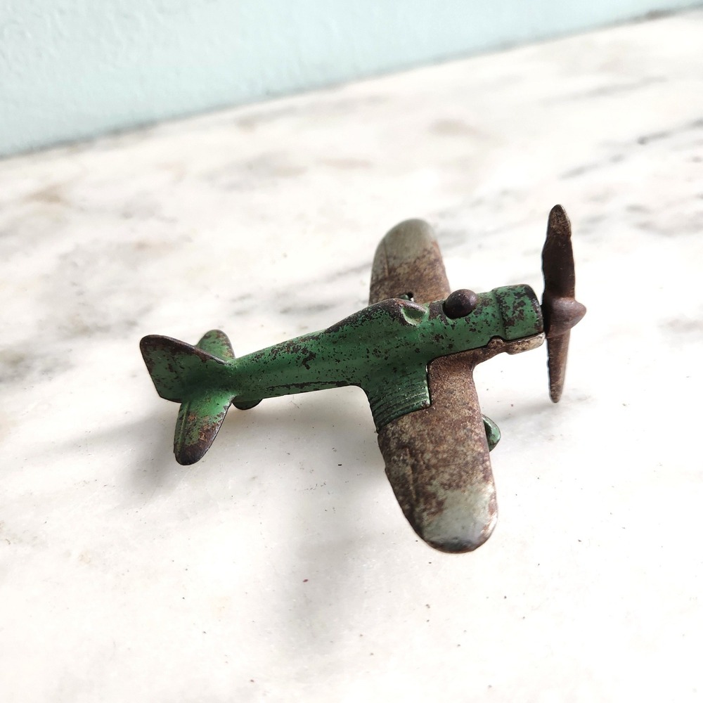Vintage Hubley Cast Iron Toy Airplane Green Silver Propeller Plane Military - Picture 2 of 3